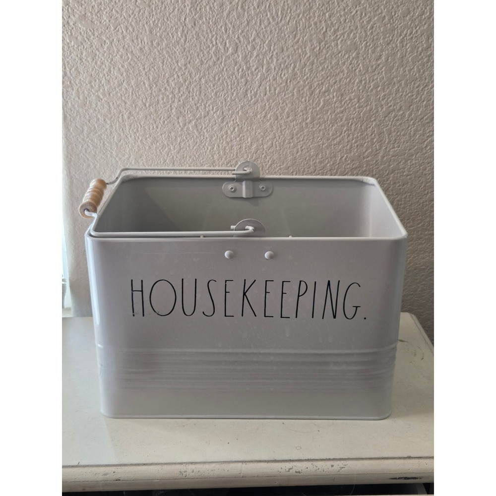 Rae Dunn Housekeeping Metal Cleaning Caddy White Farmhouse Organizer with Handle - Picture 2 of 10